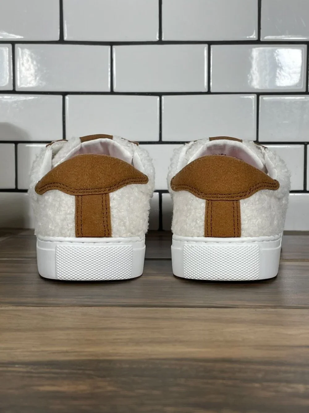 J. Crew Factory Striped Sherpa Road Trip Shoes Womens 7.5 White Brown Sneakers